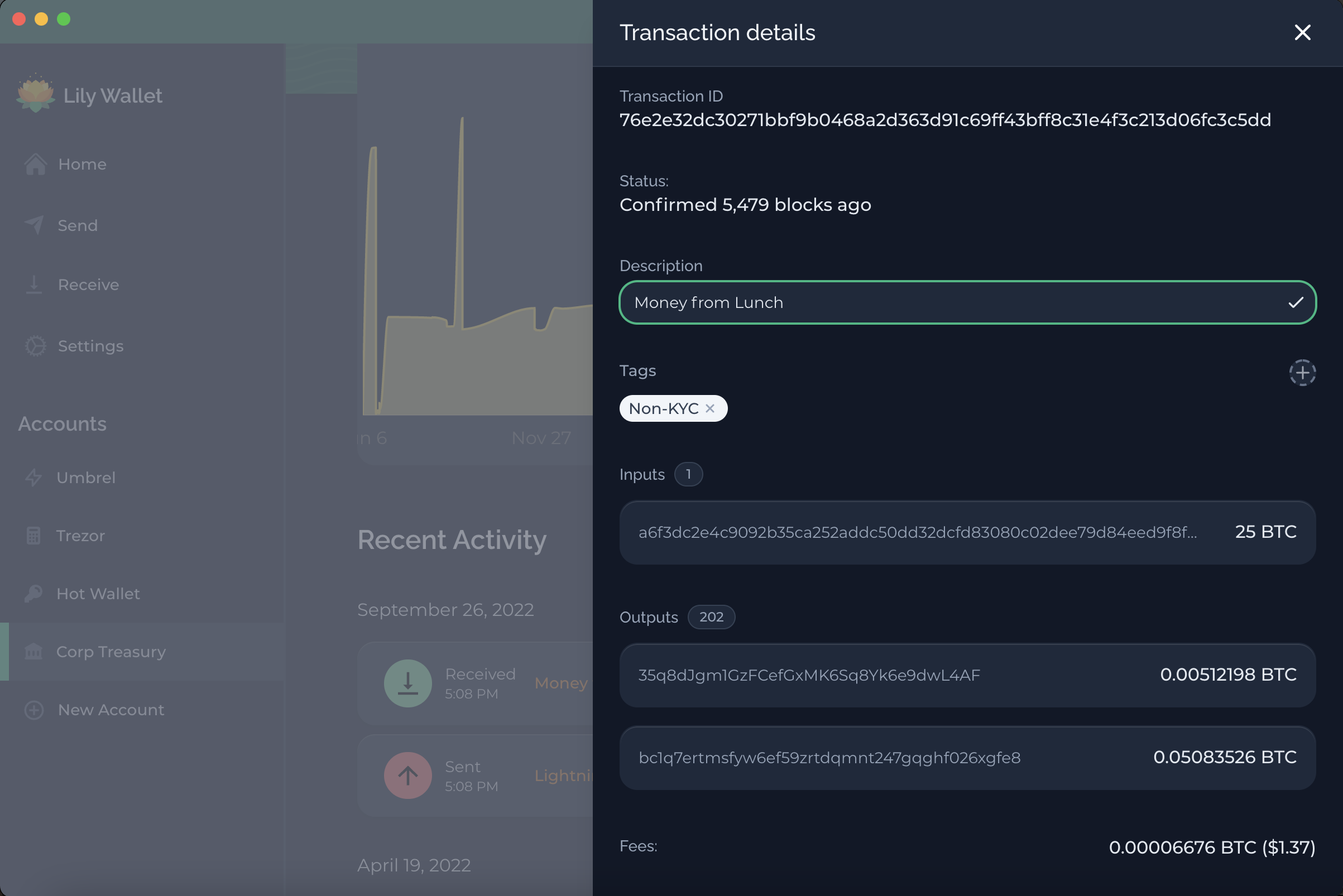 Lily Wallet transaction description screenshot